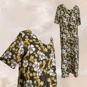 FEATHERS Vintage Hawaiian Dress MuuMuu Maxi S/M Floral Caftan Maxi Olive Green